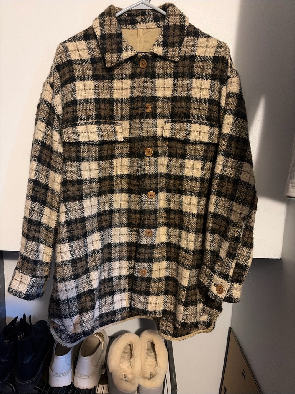 Banana Republic Plaid Button-Front Shacket - Black Brown & Cream